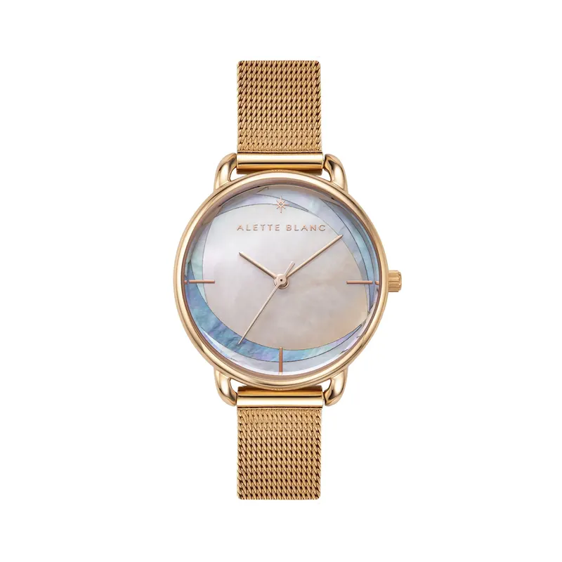 Alette Blanc watch with a rose-gold mesh strap and mother-of-pearl dial on a white background.
