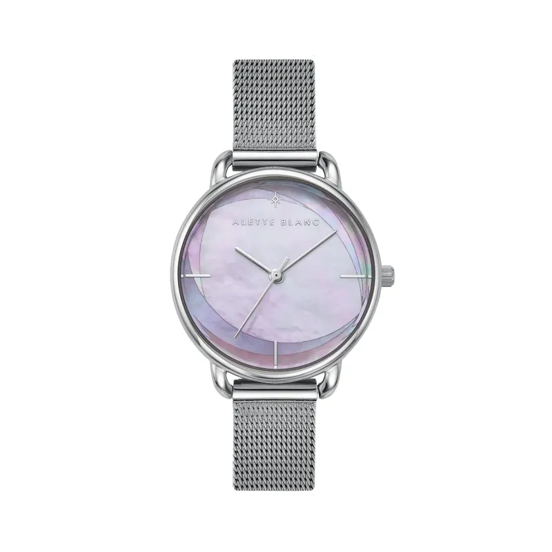 Alette Blanc watch with a silver mesh strap and lilac mother-of-pearl dial on a white background.
