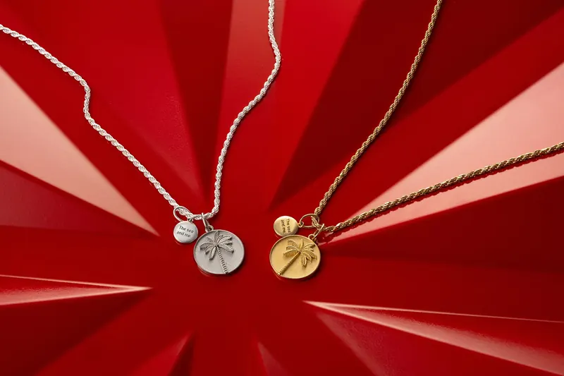 Gold and silver chains with two coin pendants on a red sunburst-patterned background.