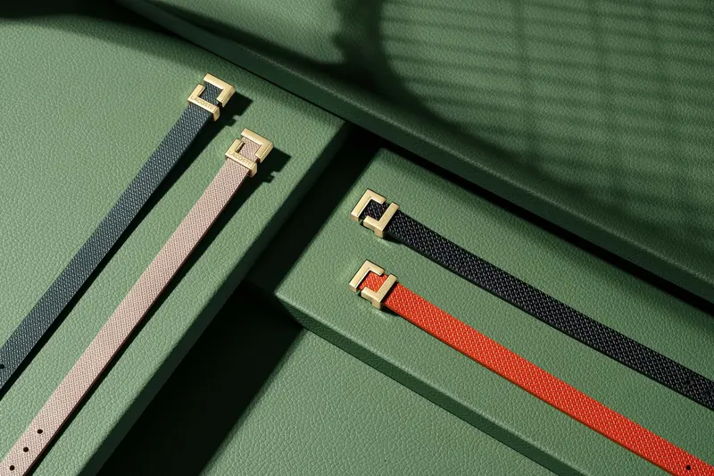 Four Lacoste wristbands in black, light pink, navy and red with gold clasps, on green textured surfaces with shadows across them.